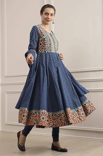 Biba Women Indigo Cotton Anarkali Printed Lehenga Set_36