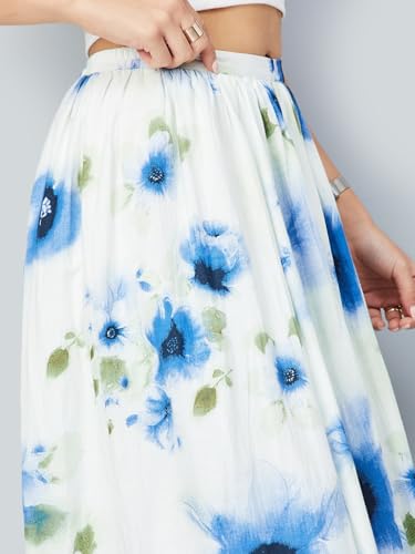 Max Women Floral Print Midi Skirt (Off White_M)