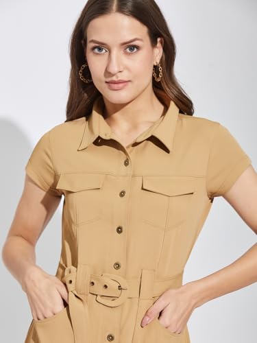 Latin Quarters Women Beige Collar Neck Cap Sleeves Solid Above Knee Shirt Dress for Casual Wear_L
