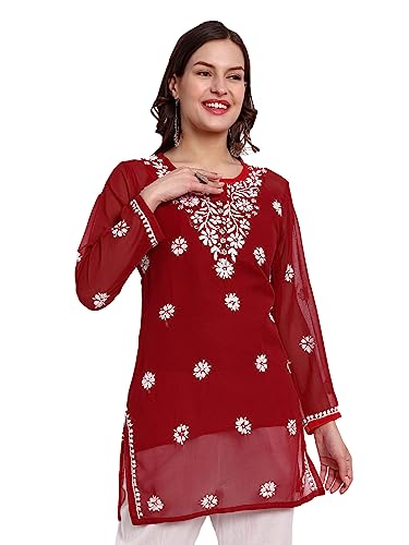 Ada Hand Embroidered Lucknow Chikankari Red Georgette Short Top Tunic Kurti for Women A911354 (3XL)