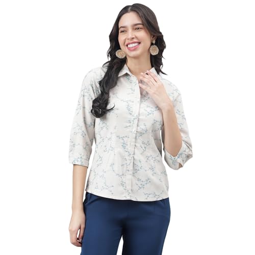 Latin Quarters Women Blue 3/4 Sleeve Shirt Collar Floral Top_XXXL