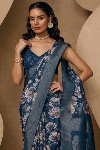 Soch Womens Blue Chanderi Floral Print Saree