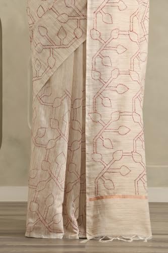 Soch Womens Maroon Tussar Kantha Embroidered Saree