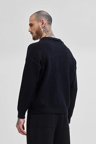SNITCH Men's Sweater | Relaxed Fit Textured Knit Design | Viscose Blend Fabric with Polo Collar & Full Sleeves | Pullover Style for Casual & Streetwear Occasions |Black