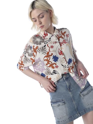 ONLY Women's Graphic Print Oversized Fit White Shirt