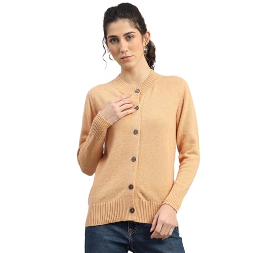 Monte Carlo Womens Regular Fit Solid Full Sleeve Round Neck Cardigan | Warm Woolen Buttoned Sweater for Ladies | Stylish Knitted Cardigan for Women's Orange XXL