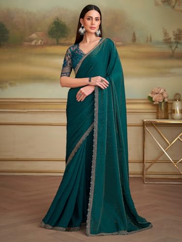 AKHILAM Women's Teal green Georgette Embellished Saree With Unstitched Blouse Piece (SALSA8102_TFH)