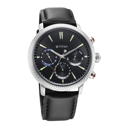 Titan Men Leather Stellar Analog Black Dial Watch-10012Sl01, Band Color-Black