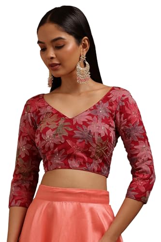 Soch Womens Fuchsia Organza Floral Print Padded Blouse with Zari
