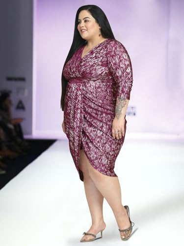 wild U Women Plus Size Cocktail Dress | Wrap | Pleated | Stretchable | Western Stylish - Wine Silver - 7XL