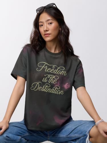 The Souled Store Freedom Women and Girls Short Sleeves Round Neck Dark Green Tie-Dye Embroidered Cotton Polyester Blend Oversized Comfortable Streetwear T-Shirts