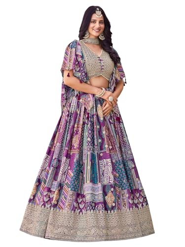 Zeel Clothing Women's Digital Print with Zari Dori Embroidery Work Chinnon Silk Lehenga Choli With Dupatta (7050-Women-Lehenga-Choli-New; Free size) (Purple)
