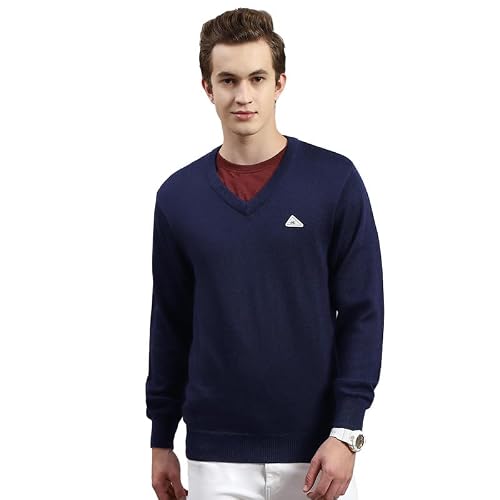 Monte Carlo Navy Solid V Neck Pullover | Warm Woolen Pullover for Men | Soft Comfortable Knitted Winter Wear Sweater for Men's