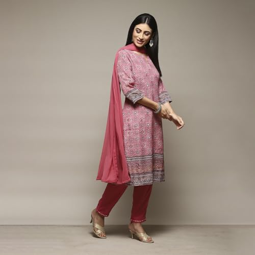 BIBA Women Viscose Straight Printed Suit Set(SKDSITARA8979_XL_Pink)