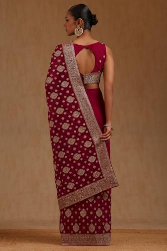 Soch Womens Fuchsia Georgette Embroidered Saree With Stone Work