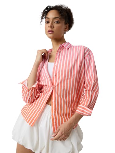 The Souled Store Stripes Ombre Shirt: Pink, White Women and Girls Long Sleeves Collared Neck Button Front Cotton Boyfriend Shirts