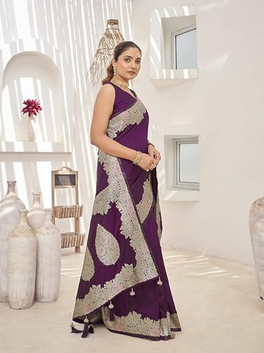 MANOHARI Women's Trendy Banarasi Soft Silk Woven Purple Saree With Heavy Jacquard Work Saree With Purple Blouse Piece_MN2017