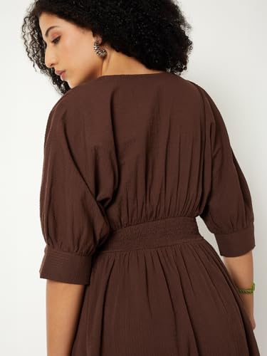 Max Women Textured A-line Midi Dress (Brown_XS)