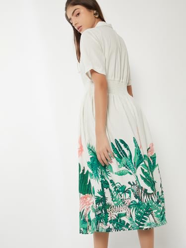 Max Women Floral Print Shirt Dress(White_XL)