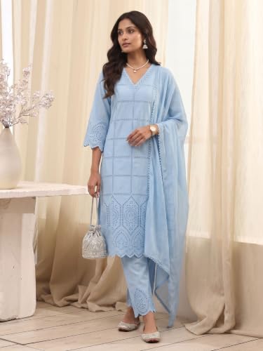 BIBA 100% Cotton Solid Casual Straight Kurta With Palazzo And Dupatta