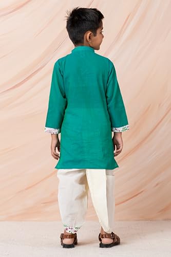 PEKABU Kids Ethnic Wear – Stylish Half Printed & Vibrant Color Pure Cotton Kurta with Elastic Waist Dhoti Set for Boys (Green, 12-18 Months)