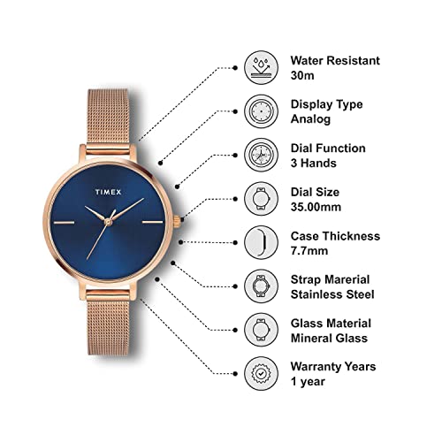 TIMEX Analog Watch for Women with Blue Round Dial & Rose Gold Stainless Steel Bracelet Band Water Resistant Women's Wrist Watches - TWEL155SMU07