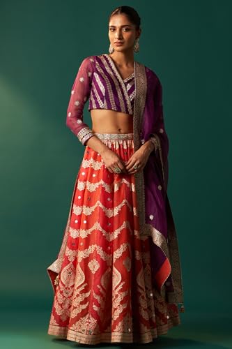 Wishful Women's Purple Zari Embroidered Jacquard Blouse with Flared Skirt and Dupatta Set (SP12839-314426-XL)