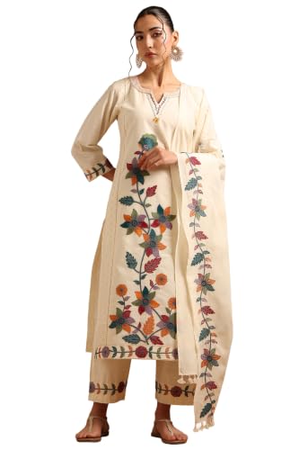 Soch Womens Off White Cotton Botanical Salwar Suit With Thread Work