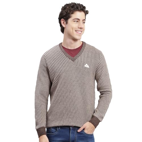 Monte Carlo Dark Brown Multi Self Design V Neck Pullover | Warm Woolen Pullover for Men | Soft Comfortable Knitted Winter Wear Sweater for Men's