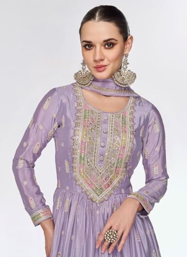 Shampysky Women's Purple Chinon Stitched Top With Dupatta Full Sleeve Embroidered Anarkali Gown (SSW-1179-Purple-XL)
