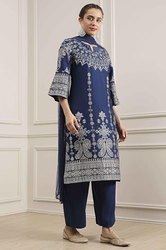 Biba Women Blue Polyester Blend Straight Printed Suit Set_46