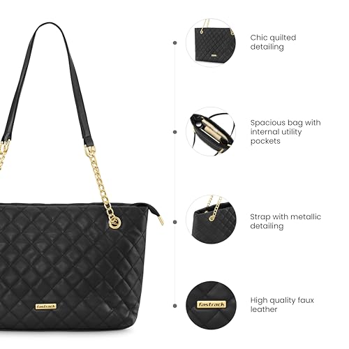 Fastrack PU Structured Quilted Tote Bag with Chain Shoulder Straps | Diamond Quilted Tote with Zipper Closure | Ladies Purse Handbag | Totes for Casual Carry