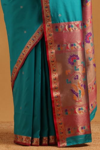 Soch Womens Turquoise Blue Silk Blend Ethnic Motifs Zari Woven Saree