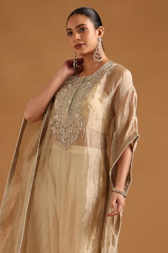 Soch Womens Gold Viscose Botanical Kaftan Suit With Stones And Sequins
