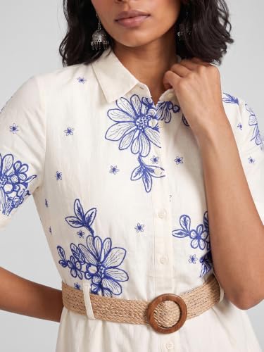 Max Women Embroidered Belted Midi Dress (White_L)