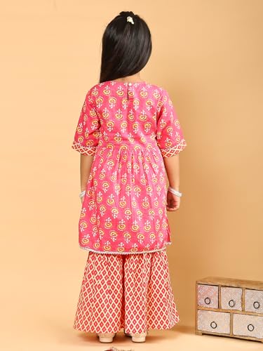 superminis Baby Girls Cotton Sanganeri Printed Frock Style Kurti With Printed Sharara Dress (6-12 Months, Light Pink)
