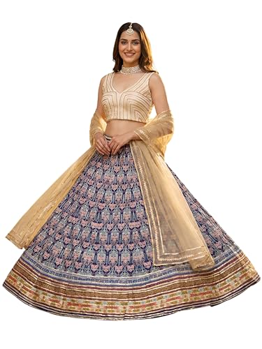 Zeel Clothing Women's Digital Print With Gota Patti Art Silk Lehenga Choli With Dupatta (5053-Blue-Women-Lehenga-Choli-Set; Free Size)