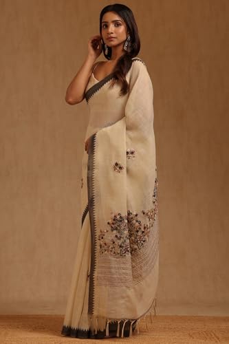 Soch Womens Black Linen Floral Hand Embroidered Saree