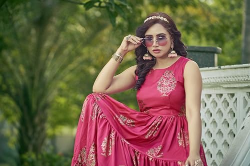 Samprag Rayon Gown for Women | Full Length | Printed | Fit & Flare | Sleevesless | Round Neck | Stylish | Ethenic Dress | Ideal for Casual, Wedding & Party Occassions | Pink | M