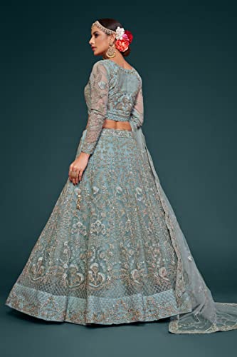 Zeel Clothing Women's Sea Blue Zari and Embroirery Work Net Semi-Stitched Lehenga Choli Material (7906-Sea-Blue-Wedding-Lehenga-Choli; Sea Blue),2 Meters