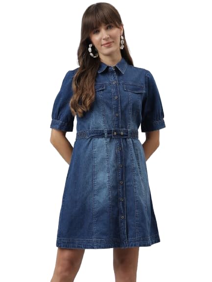 Latin Quarters Women Blue Half Sleeves Casual Solid Dress_L