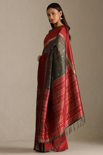 Soch Womens Olive Tussar Woven Design Saree With Zari