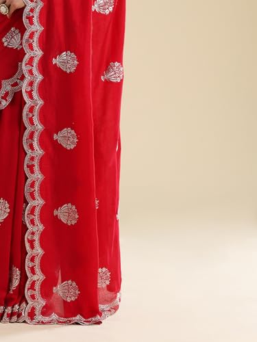 AKHILAM Women's Red Vichitra Silk Ethnic Motif Embellished Saree With Unstitched Blouse Piece (ANIKA2402_AG)