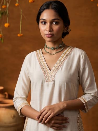 Varanga Women Champagne Beige A Line Kurta Trousers Set V Neck