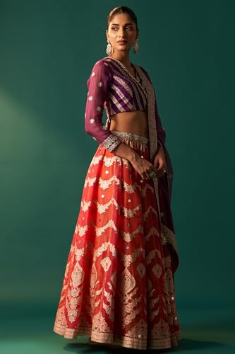 Wishful Women's Purple Zari Embroidered Jacquard Blouse with Flared Skirt and Dupatta Set (SP12839-314426-XL)