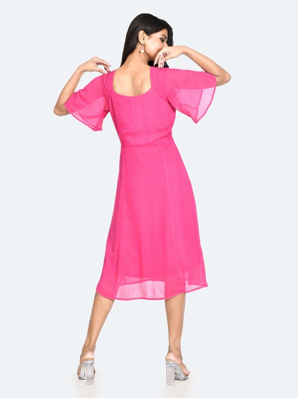 Zink London Women's Pink Solid Short Sleeves Midi Dress