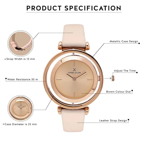 Daniel Klein Analog Round Dial Rose Gold Case Beige Leather Strap Water-Resistant Wrist Watch for Women Girls, Ladies DK11430-4