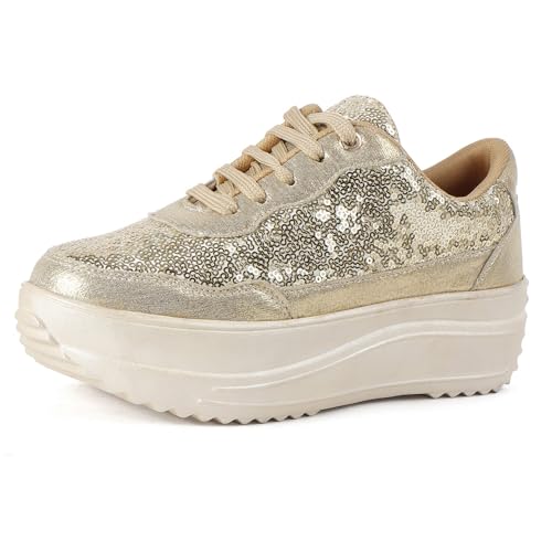 Vendoz Women Casual High Heel Sneakers I Cushioned Insole I All Day Comfortable I Lightweight and Stylish Shoes for Girls CNV4026GL-36 Gold