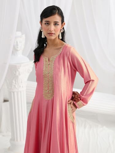 Libas Embroidered Silk Blend A Line Ethnic Dress with Dupatta | Occasion Gown Pink