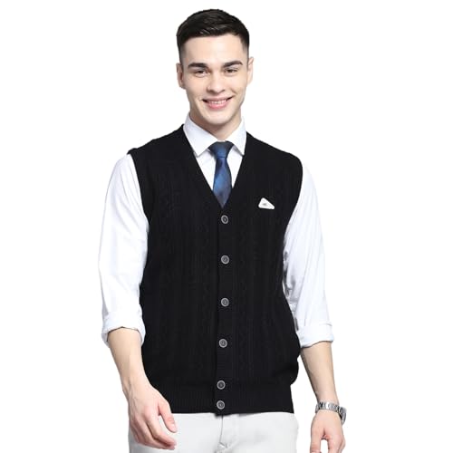 Monte Carlo Mens Self Design Black V Neck Sleeveless Cardigan_1243147SC-901
